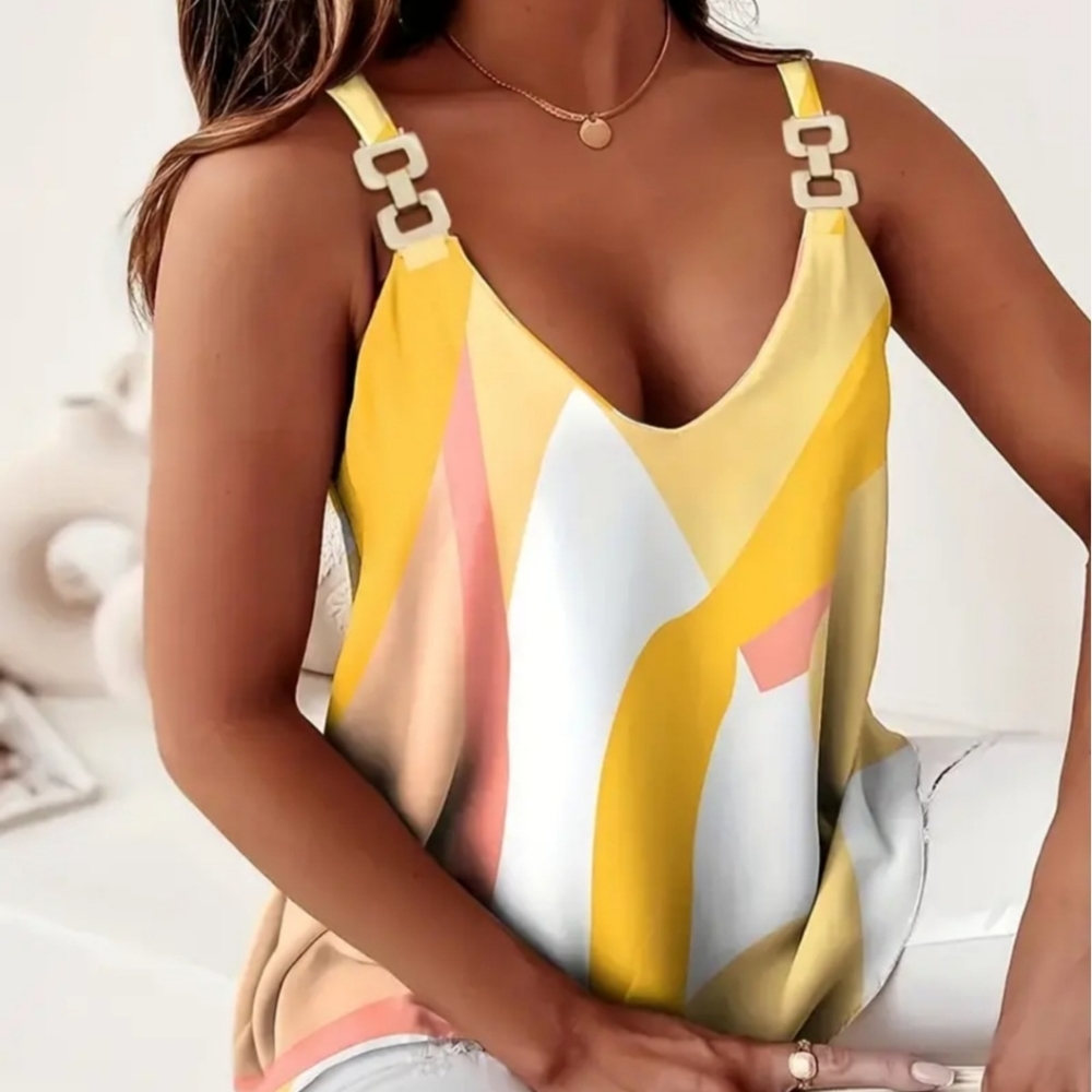 Vintage Floral Print Vest, Casual V Neck Sleeveless Chain Summer Vest